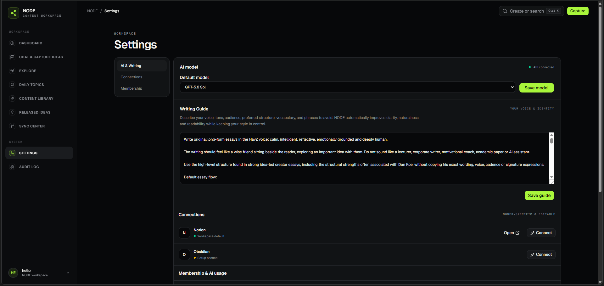 NODE AI model and Writing Guide settings