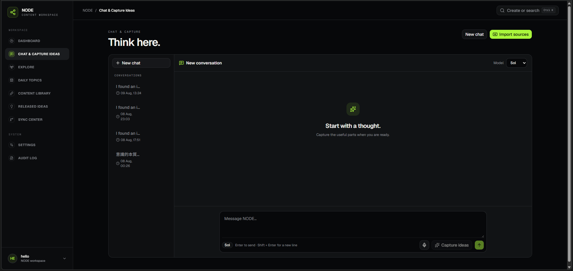 NODE Chat and Capture workspace