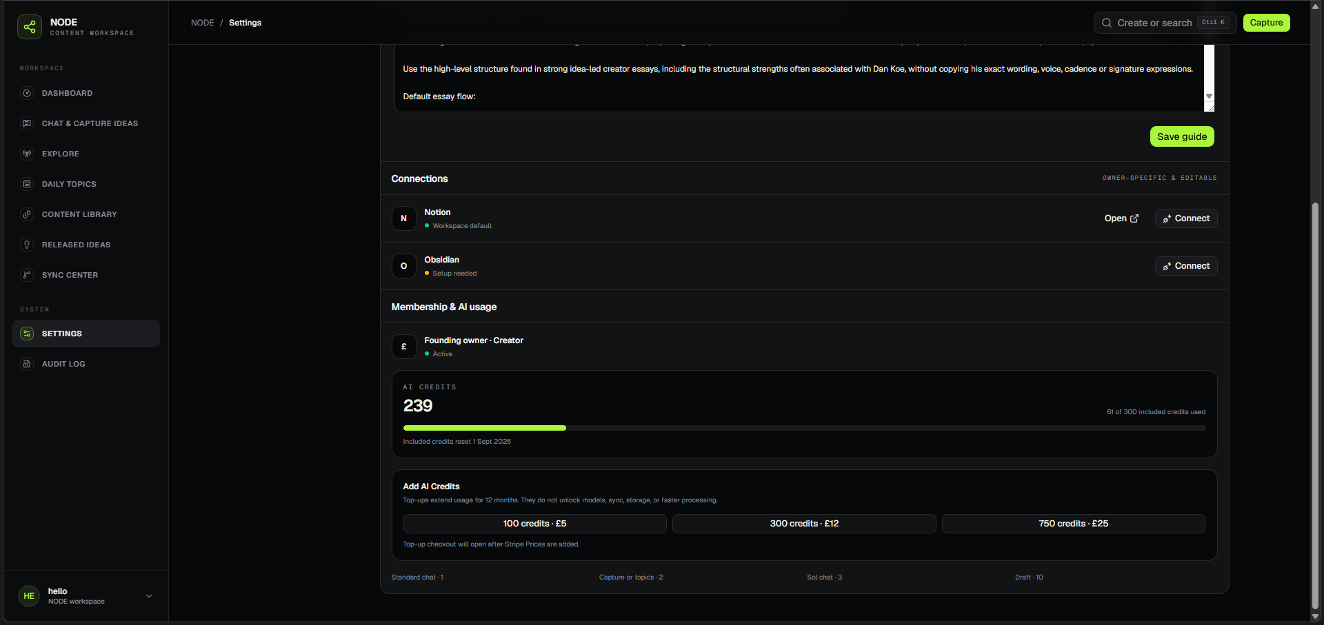 NODE Connections and AI Credits settings