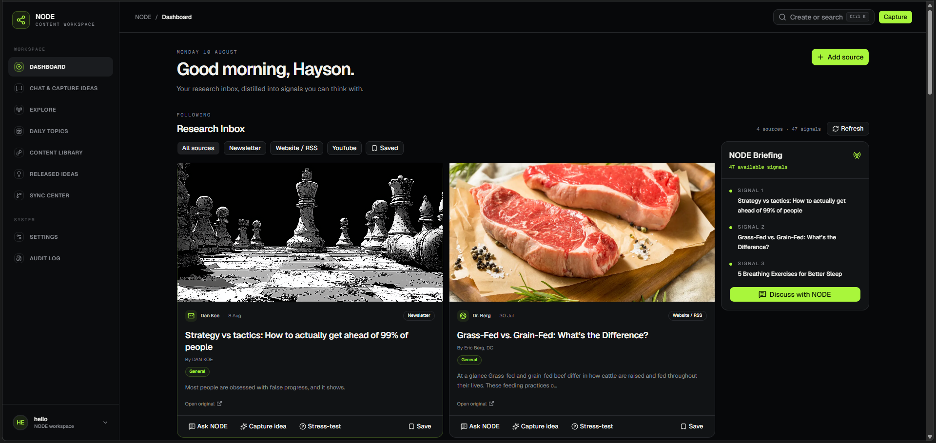NODE Dashboard showing the Research Inbox and NODE Briefing