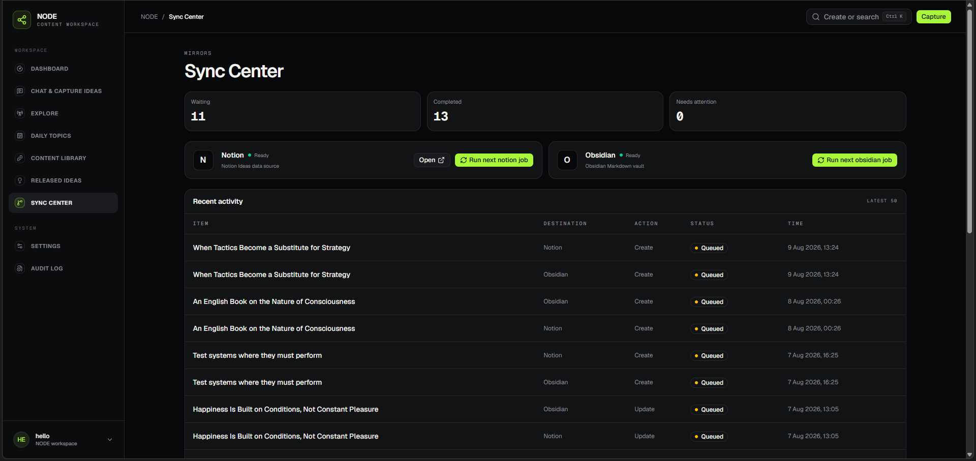 NODE Sync Center for Notion and Obsidian